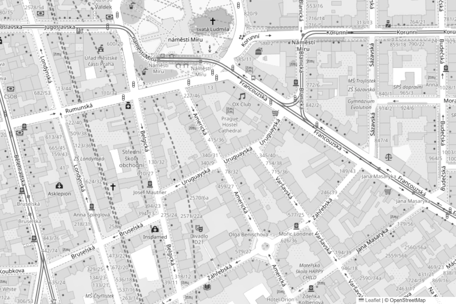 Mapa okolí sídla kanceláře – Uruguayská 416/11, Praha 2 – Vinohrady